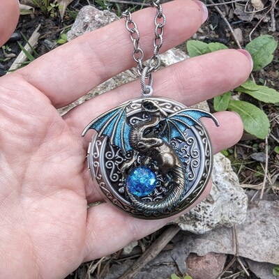 Large Bronze Dragon Locket Necklace with black opal replica, Fantasy jewelry, Gothic jewelry - image4